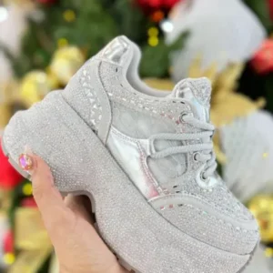 Tenis plataforma mujer plateados con pedrería Silver Glow Ref 0503