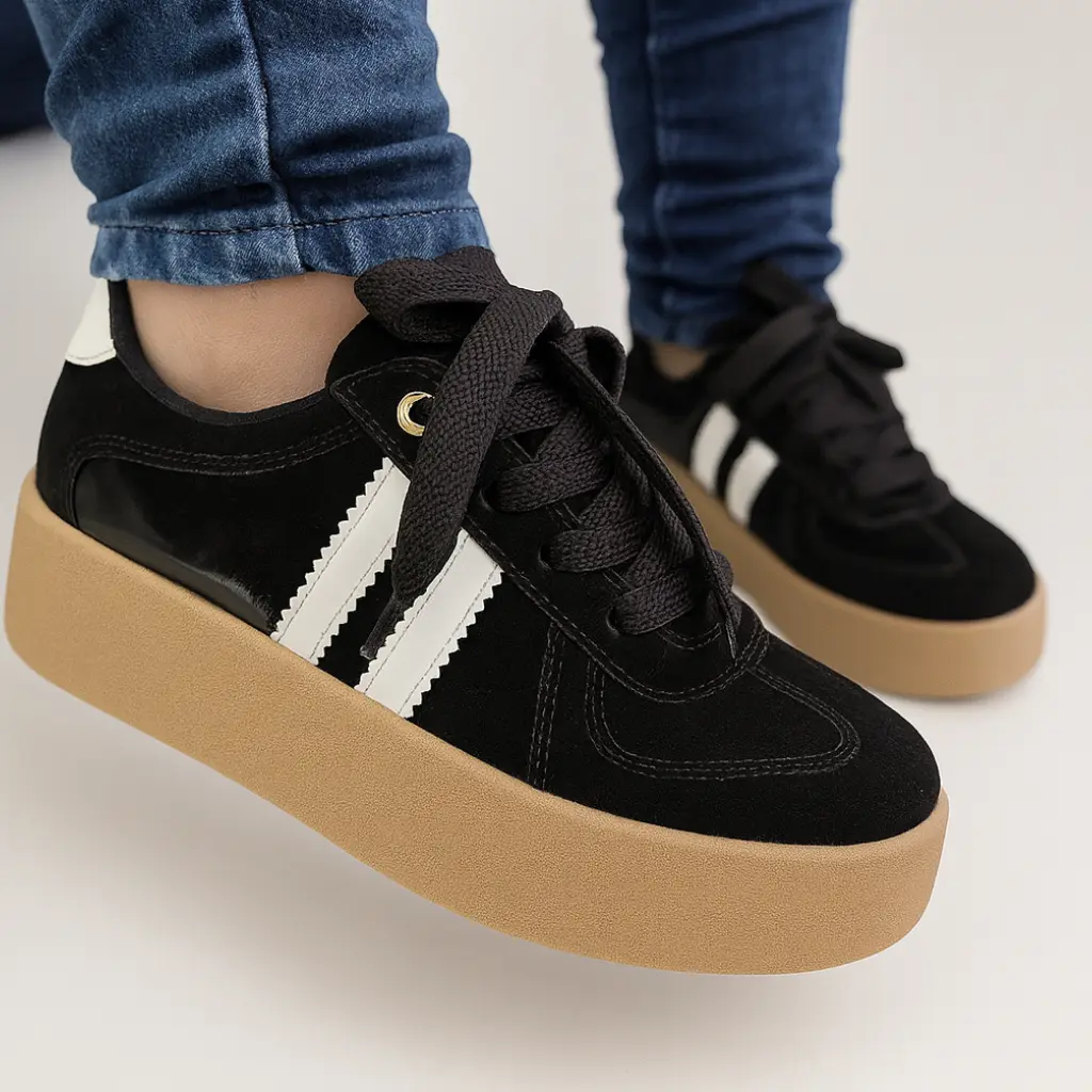 Tenis Samba plataforma oscura – REF: 0505 1 Tenis de plataforma para mujer REF 713 en color oscuro con franjas blancas